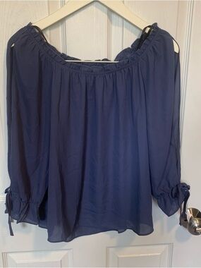 Navy Open Sleeve Peasant Blouse with Tie Cuffs